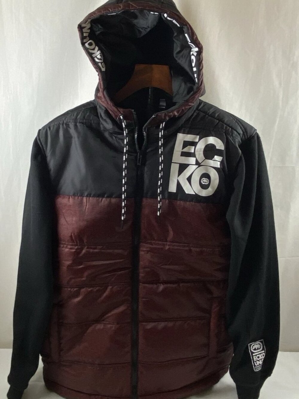 Ecko Unltd. Hooded Puffer Jacket Mens Colorblock Black & Burgundy Size S NWT